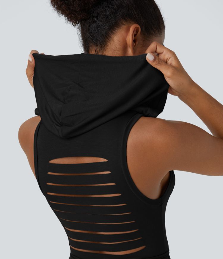 Vestido media pierna 2 piezas abertura lazo espalda sin mangas cuello alto capucha canalé