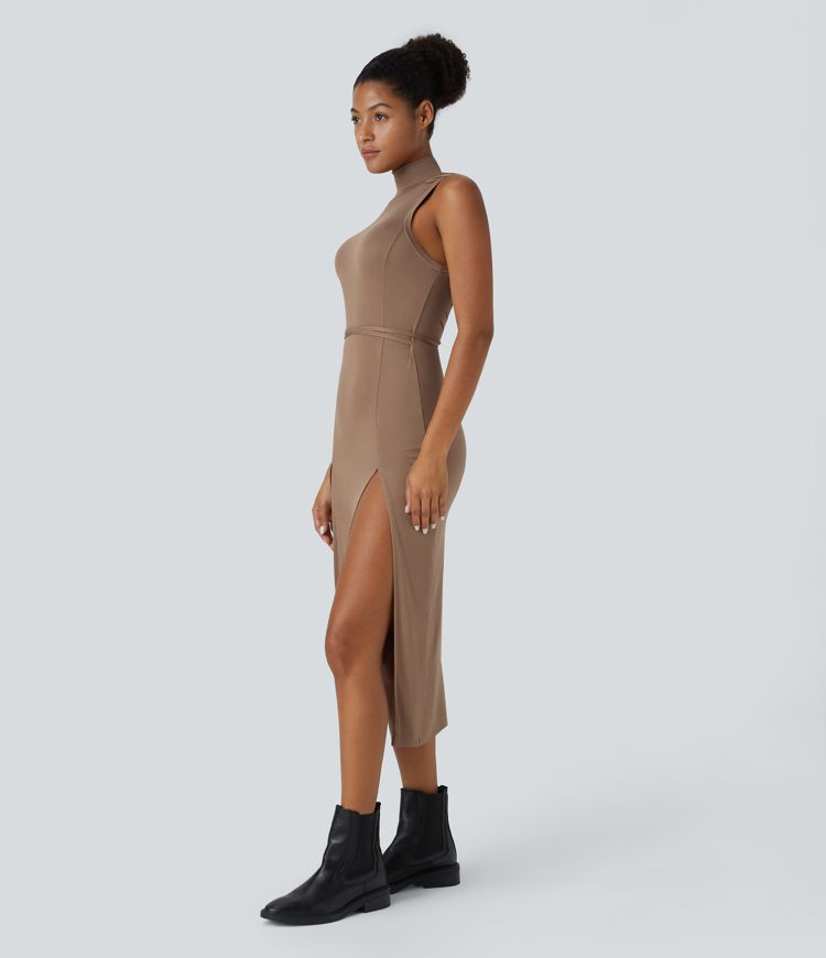 Ribbed Hooded High Neck Sleeveless Cut Out Tie Back Split 2-Piece Midi Casual Dress