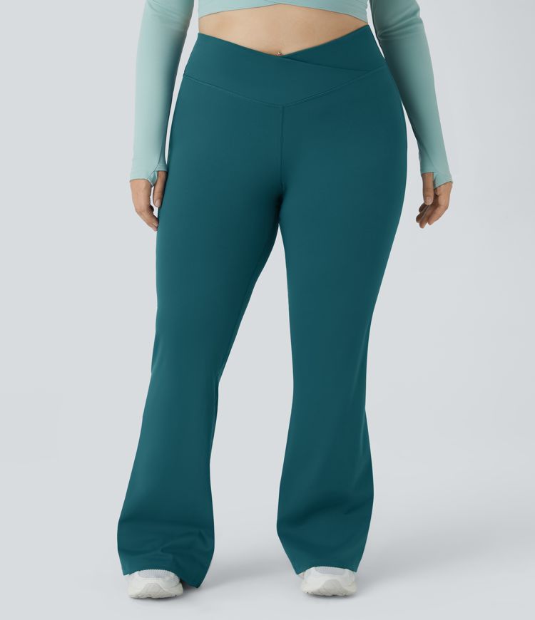 High Waisted Crossover Full Length Flare Plus Size Leggings