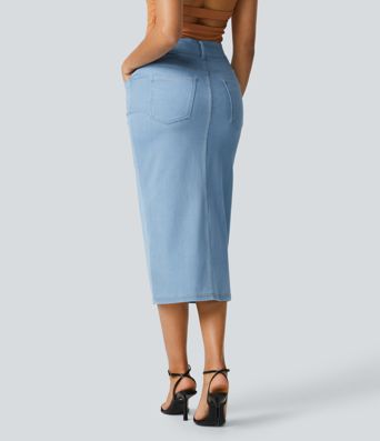 Halara Flex™ High Waisted Pockets Bodycon Denim Casual Midi Skirt