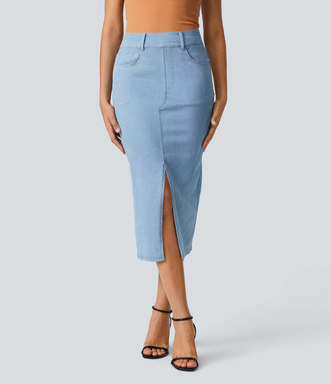 Halara Flex™ High Waisted Pockets Bodycon Denim Casual Midi Skirt
