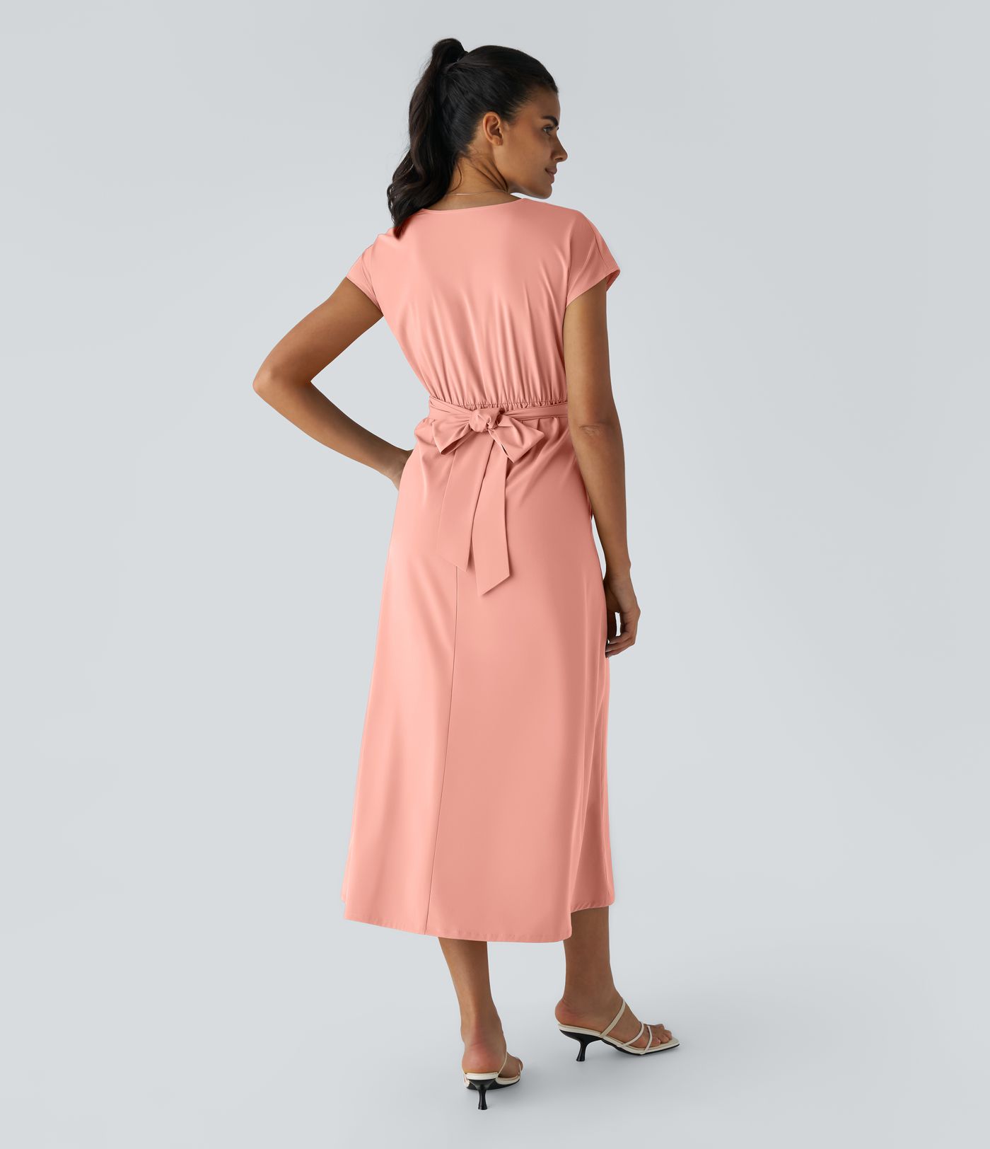 Breezeful™ V Neck Short Sleeve Side Pocket Tie Back Quick Dry Midi Casual Dress-Longer Length