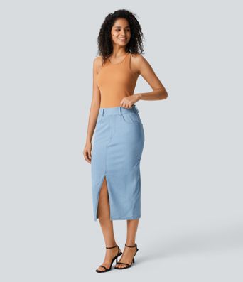 Halara Flex™ High Waisted Pockets Bodycon Denim Casual Midi Skirt