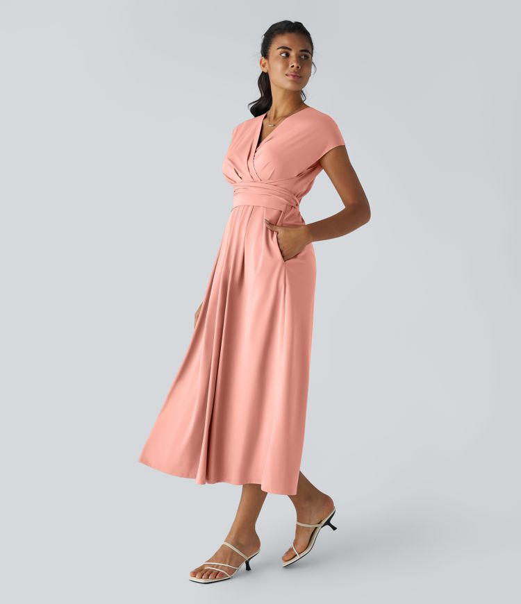 Breezeful™ V Neck Short Sleeve Side Pocket Tie Back Quick Dry Midi Casual Dress-Longer Length