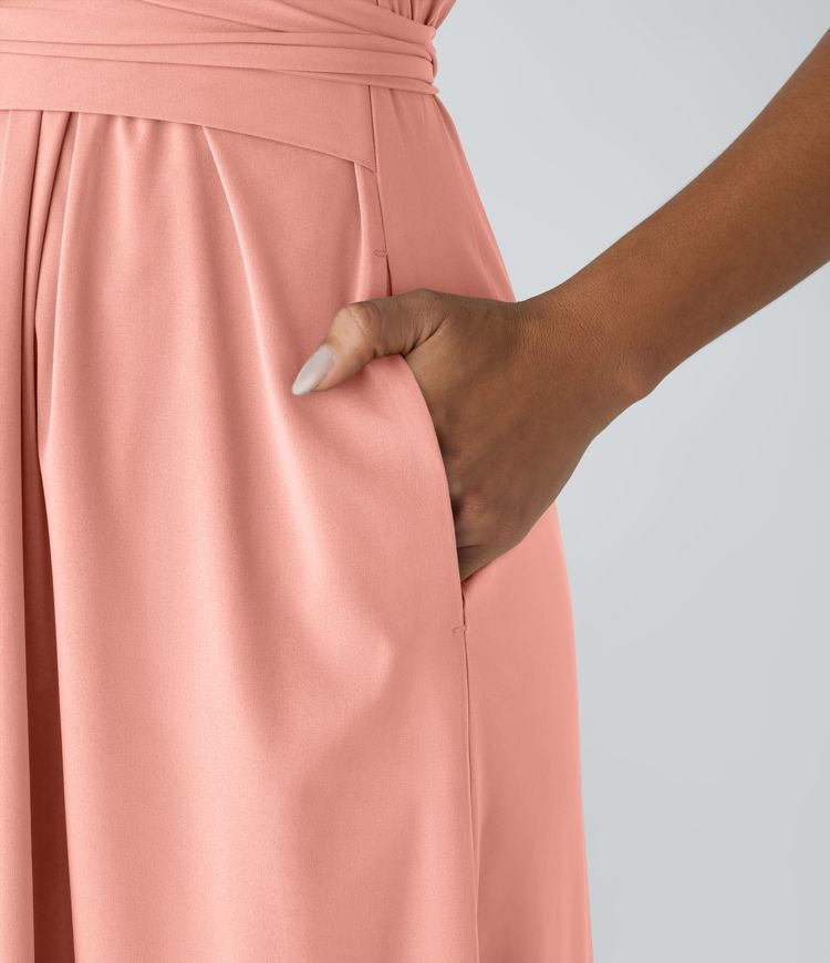 Breezeful™ V Neck Short Sleeve Side Pocket Tie Back Quick Dry Midi Casual Dress-Longer Length