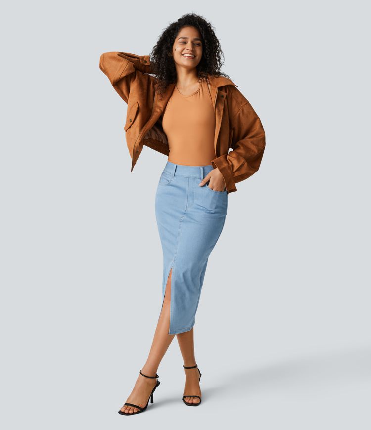 Halara Flex™ High Waisted Pockets Bodycon Denim Casual Midi Skirt