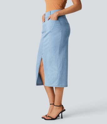 Halara Flex™ High Waisted Pockets Bodycon Denim Casual Midi Skirt