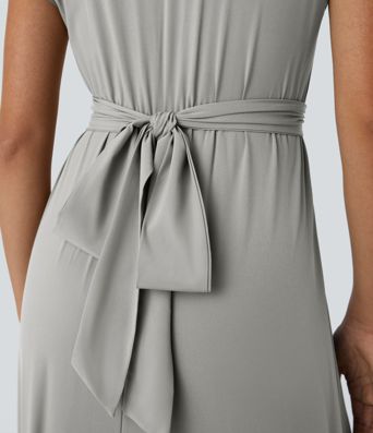 Breezeful™ V Neck Short Sleeve Pocket Tie Back Quick Dry Midi Casual Dress-Longer Length