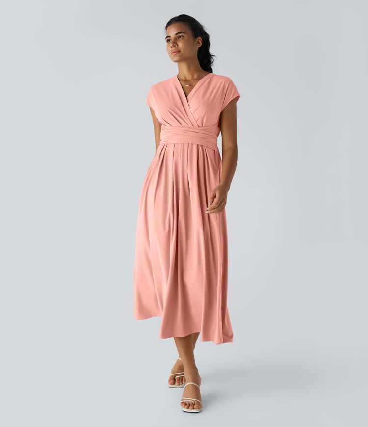 Breezeful™ V Neck Short Sleeve Side Pocket Tie Back Quick Dry Midi Casual Dress