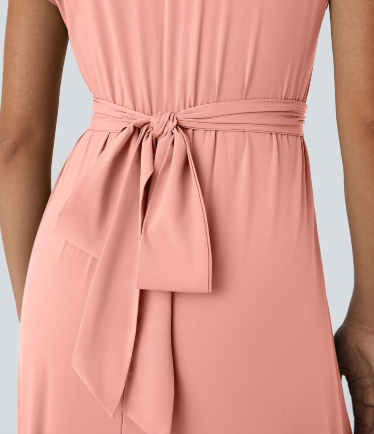 Breezeful™ V Neck Short Sleeve Side Pocket Tie Back Quick Dry Midi Casual Dress-Longer Length