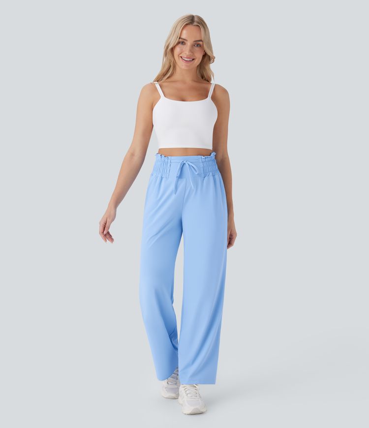 High Waisted Drawstring Frill Pocket Straight Leg Cool Touch Yoga Pants-UPF50+