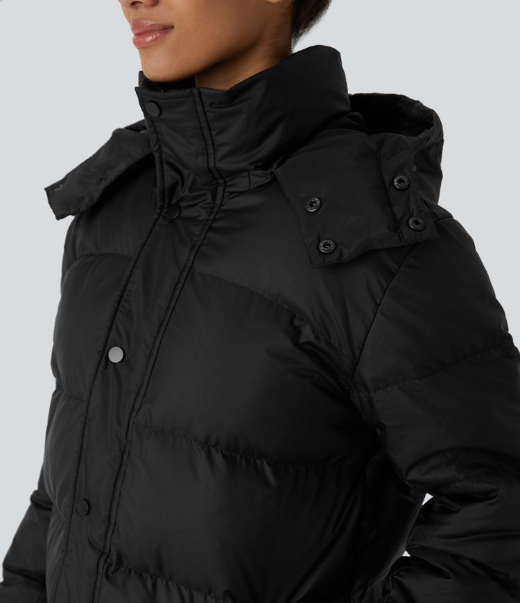 Water Repellent Removable Hood Stand Collar Button Zipper Long Sleeve Multiple Pockets Adjustable Drawcord Casual Puffer Down Jacket