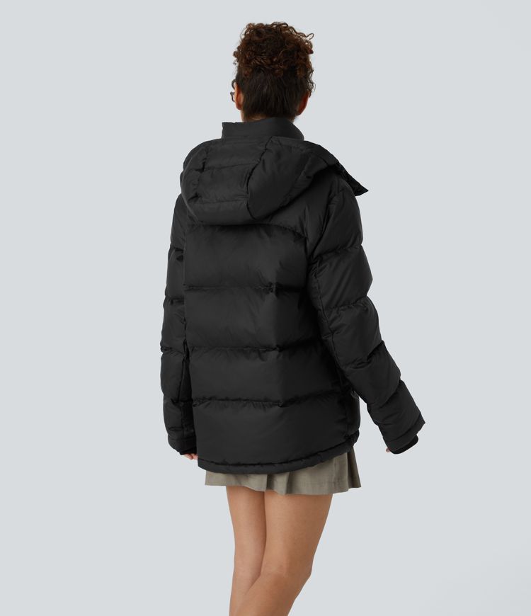 Water Repellent Removable Hood Stand Collar Button Zipper Long Sleeve Multiple Pockets Adjustable Drawcord Casual Puffer Down Jacket