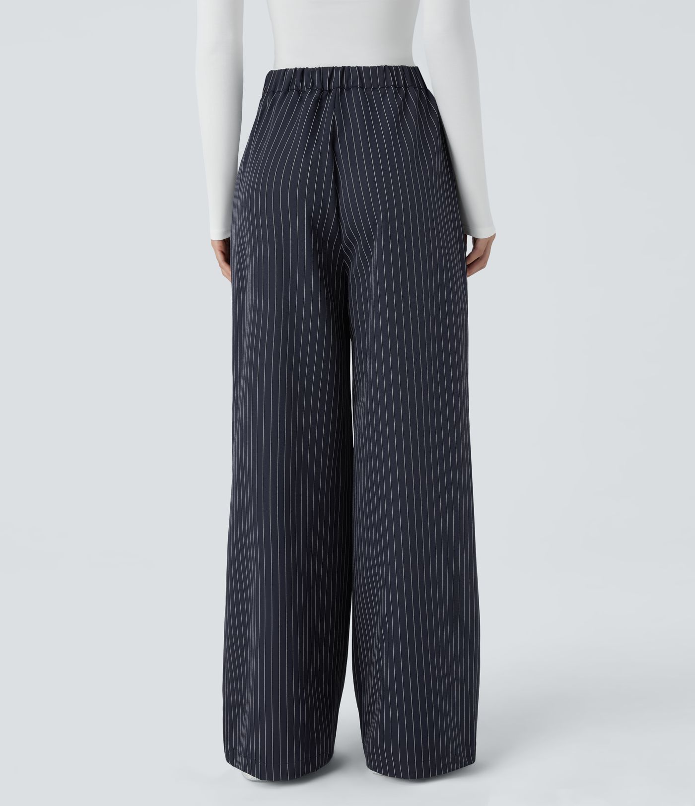 High Waisted Button Zipper Side Pocket Wide Leg Striped Work Pants