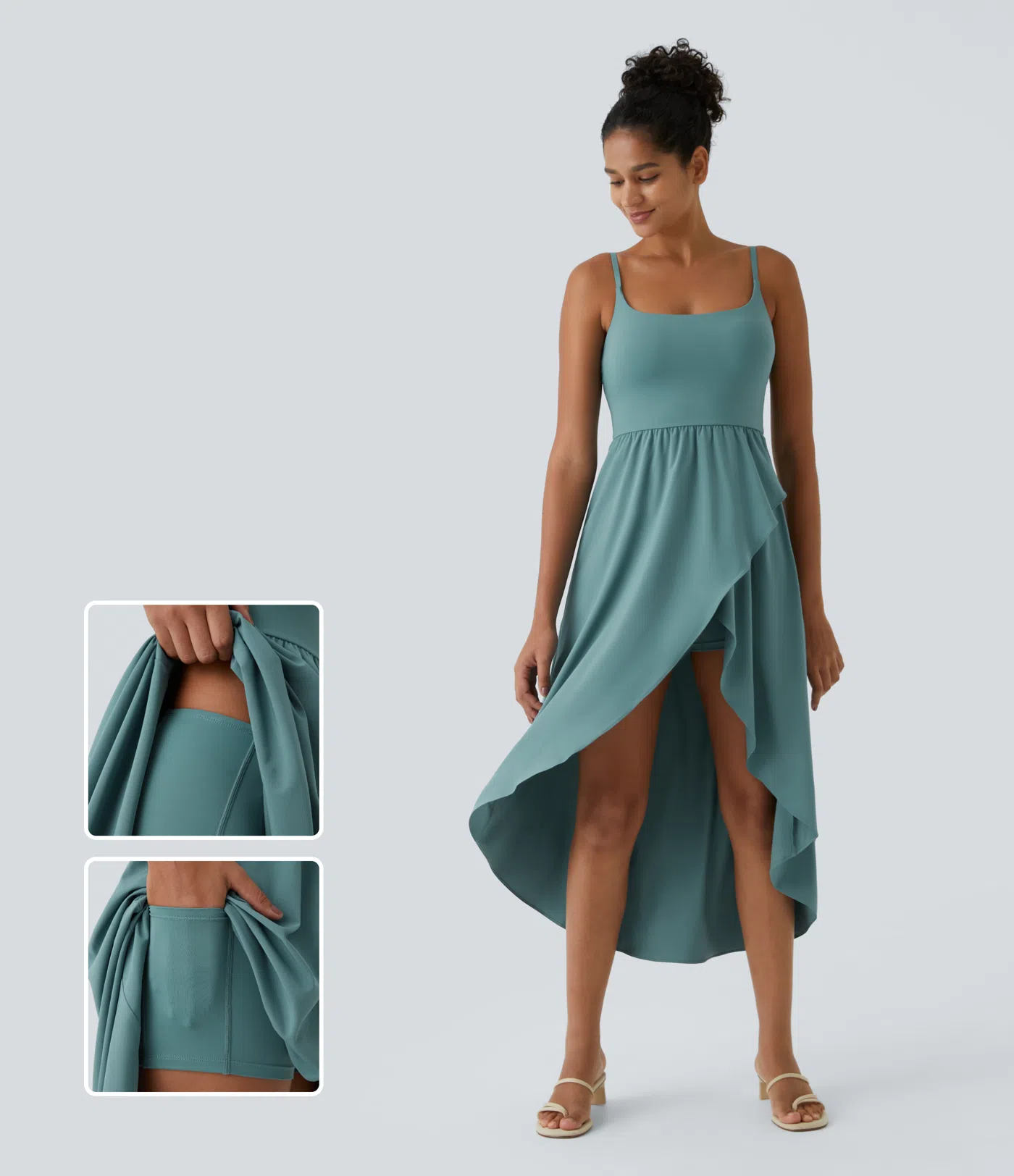 Breezeful™ Rückenfreies, lässiges, 2-teiliges Flowy-Midikleid mit Seitentaschen und asymmetrischem Crossover-Saum, schnell trocknend