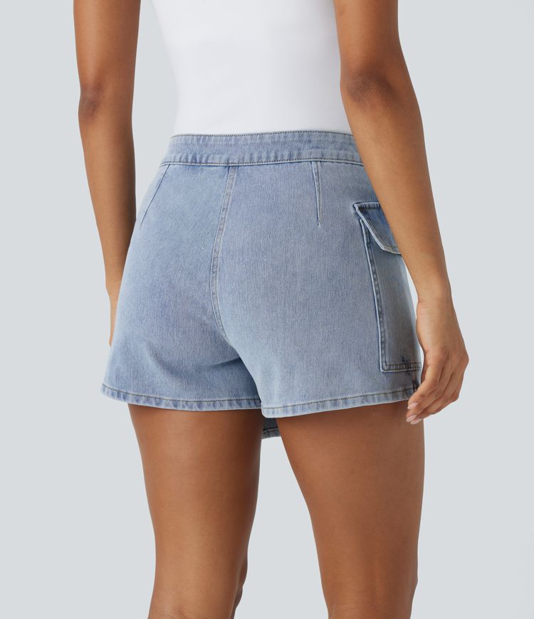 Jupe-short décontractée en denim extensible Halara Flex™ à taille basse avec boutons, fermeture éclair, ceinture et poche latérale