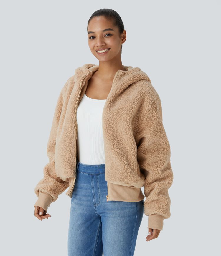 Chaqueta sherpa capucha manga larga cremallera bolsillo lateral canalé contrastante