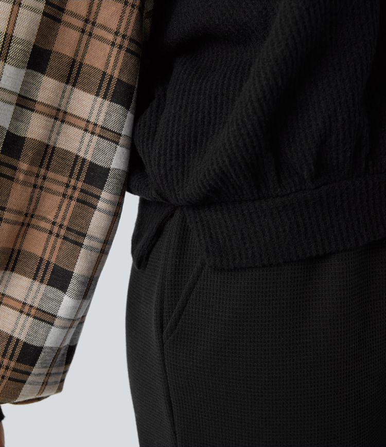 V Neck Hooded Long Sleeve Color Block Waffle Casual Sweatshirt