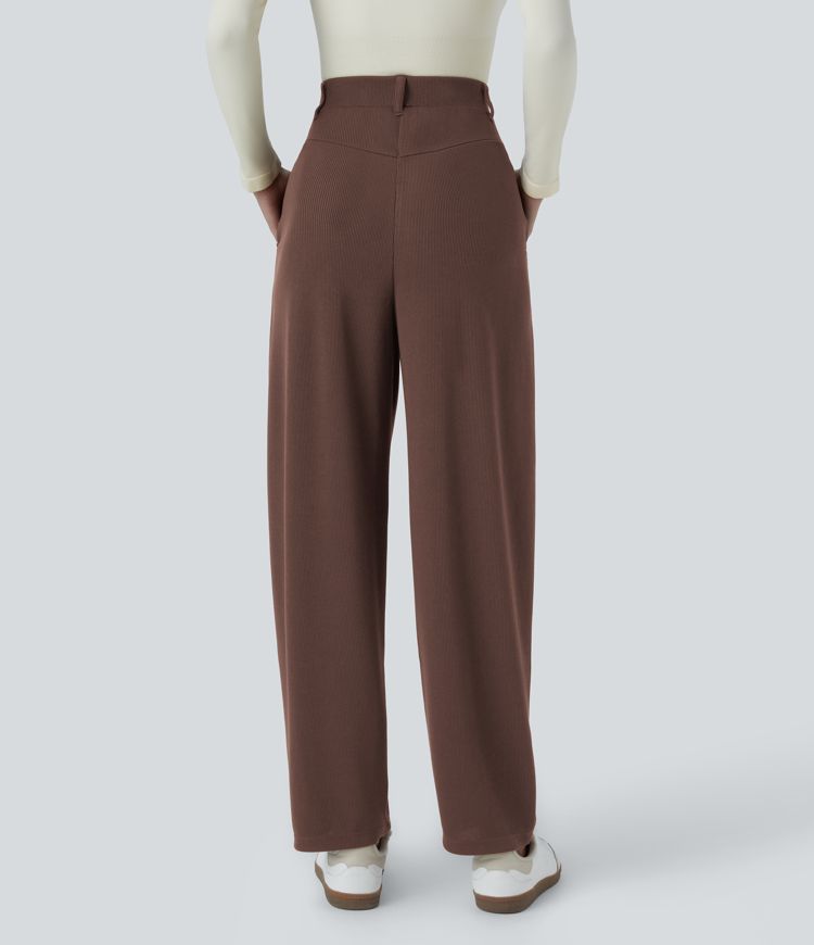 Ribbed High Waisted Plicated Side Pocket  Barrel Leg Work Pants