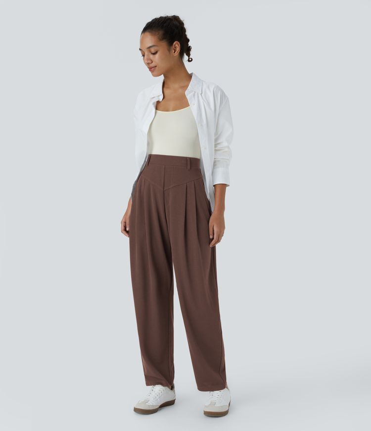 Ribbed High Waisted Pocket  Barrel Leg Work Pants