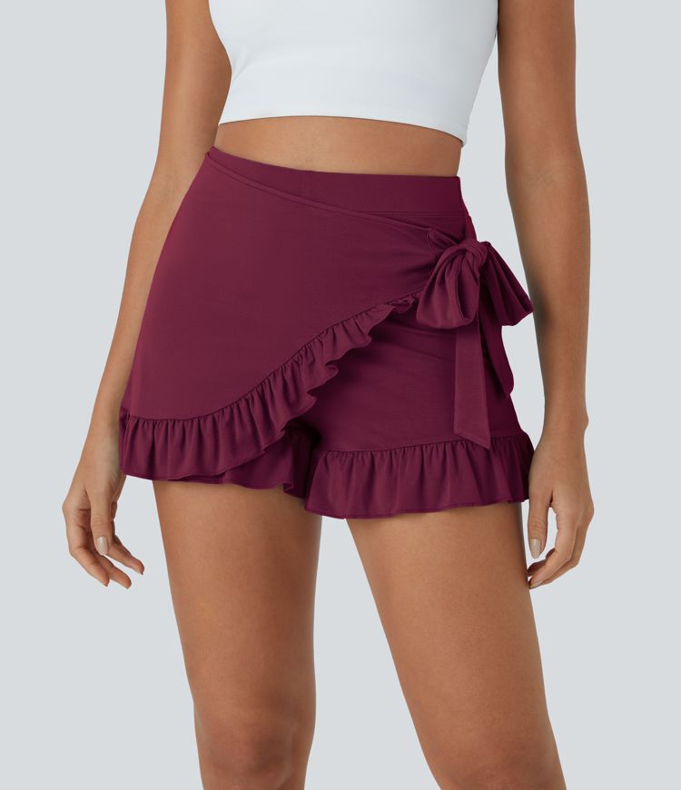 High Waisted Tie Side Ruffle Hem Flowy Casual Shorts 3.5"