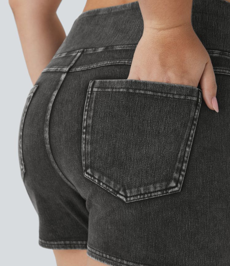 Halara Flex™ Plus Size Shorts mit hohem Bund und Crossover-Gesäßtasche, dehnbarer Denim-Strick 7,6 cm