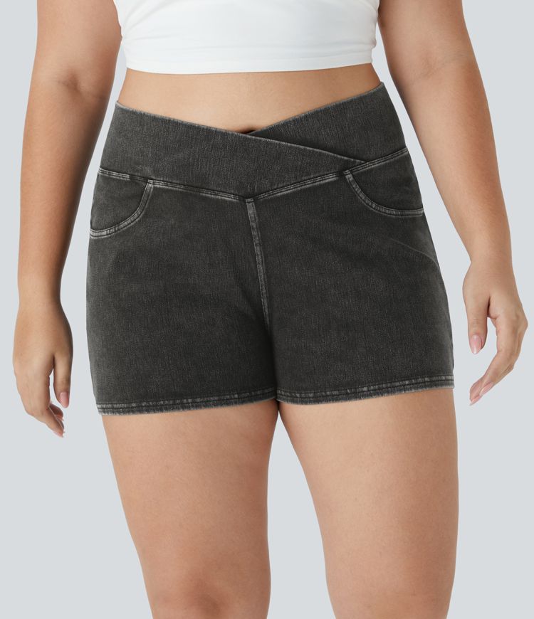 Halara Flex™ Plus Size Shorts mit hohem Bund und Crossover-Gesäßtasche, dehnbarer Denim-Strick 7,6 cm
