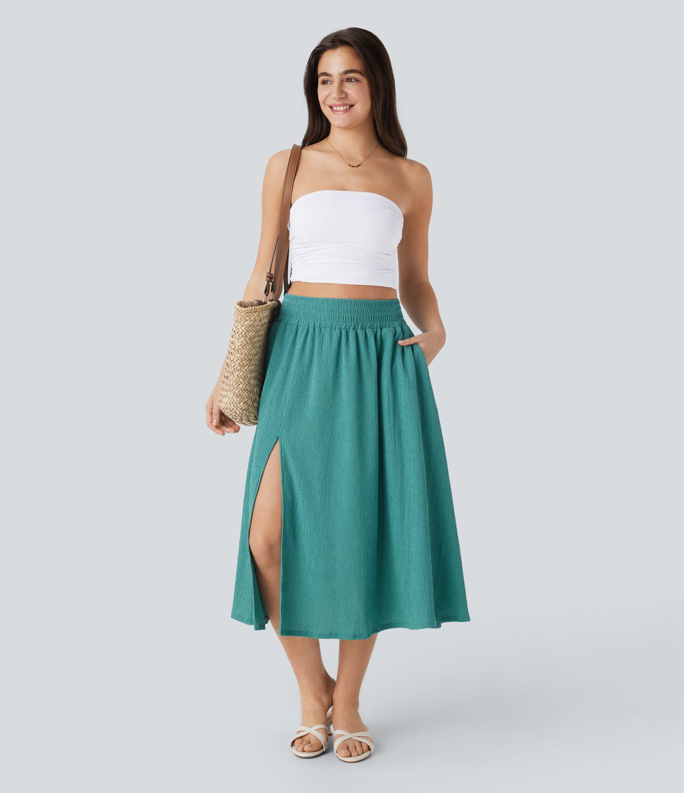 High Waisted Side Pocket Split Midi Resort Skirt