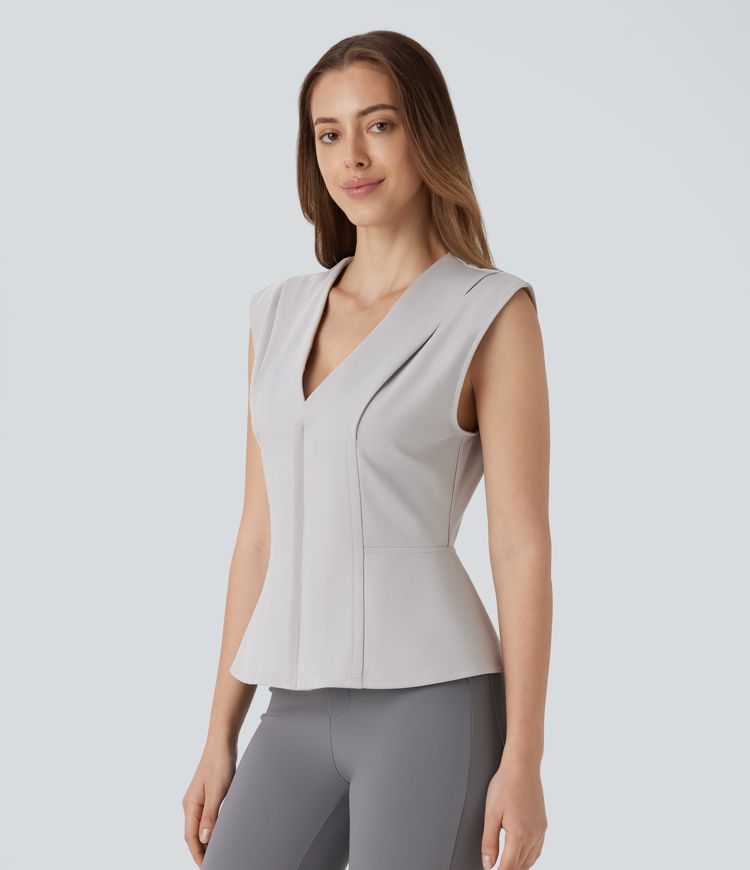 V Neck Sleeveless Slim Work Peplum Top