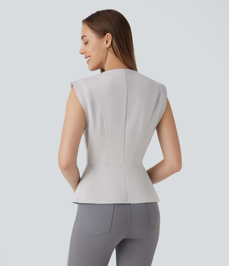 V Neck Sleeveless Slim Work Peplum Top
