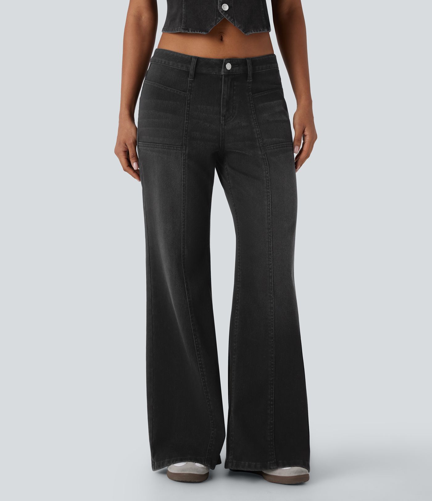 Halara Flex™ Low Rise Zipper Pockets Baggy Wide Leg Flare Washed Casual Jeans