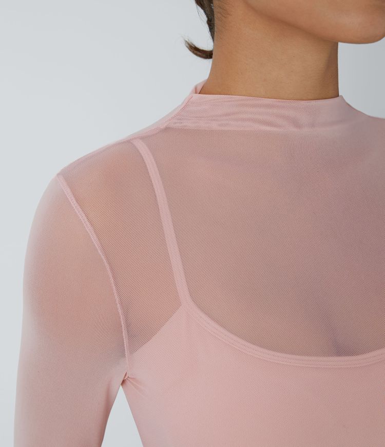 Kontrast Mesh Uzun Kollu 2'si 1 Arada Kırpılmış Yoga Spor Üst