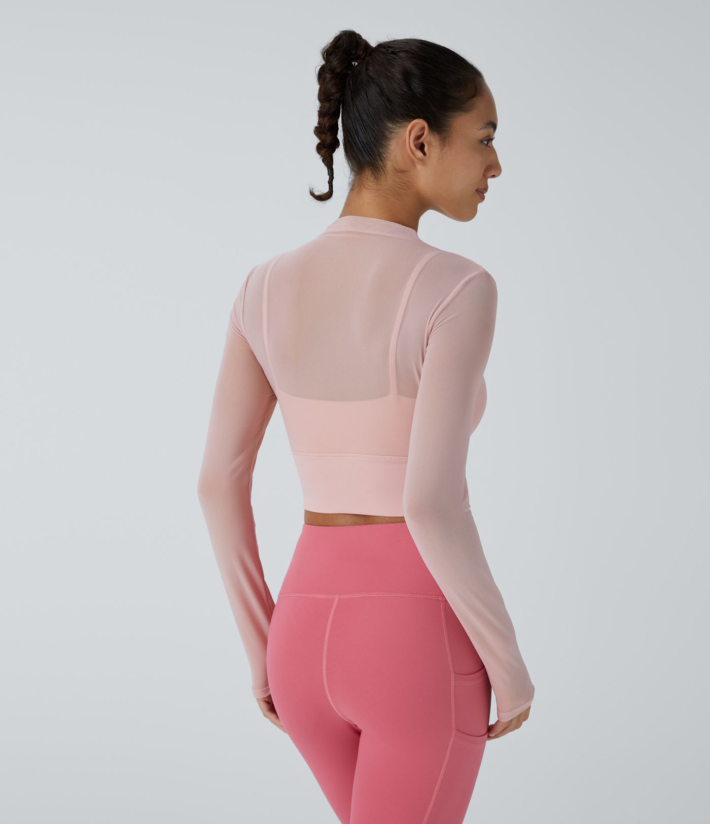 Kontrast Mesh Uzun Kollu 2'si 1 Arada Kırpılmış Yoga Spor Üst
