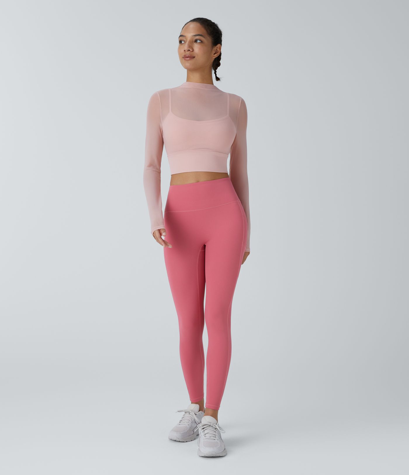 Kontrast Mesh Uzun Kollu 2'si 1 Arada Kırpılmış Yoga Spor Üst