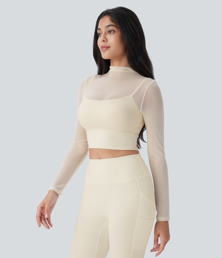 Mesh Contrast Long Sleeve 2-in-1 Crop Workout Sports Top