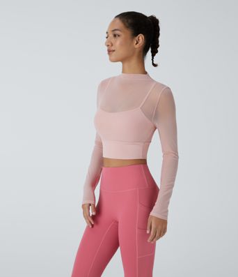 Kontrast Mesh Uzun Kollu 2'si 1 Arada Kırpılmış Yoga Spor Üst