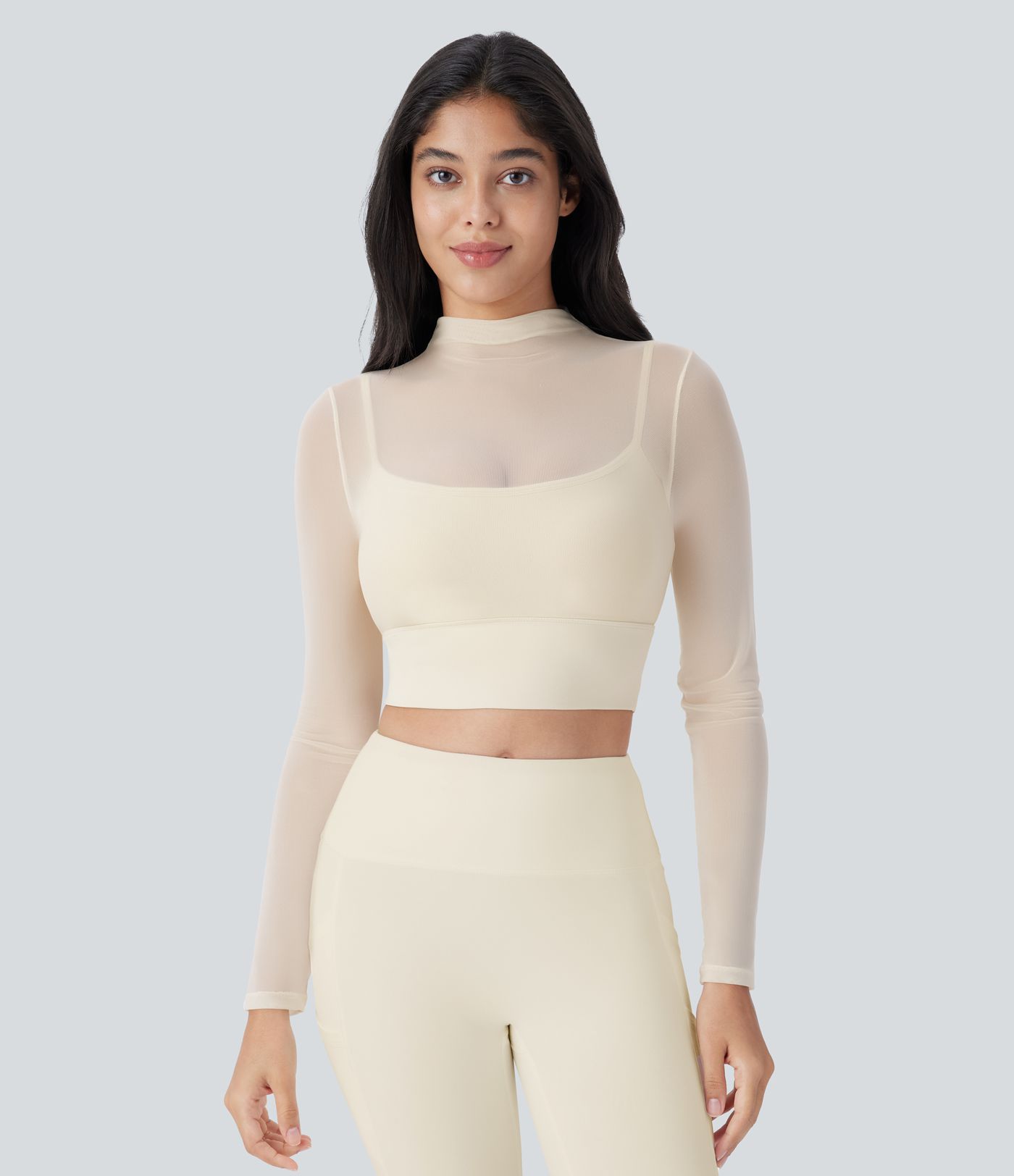 Mesh Contrast Long Sleeve 2-in-1 Crop Workout Sports Top