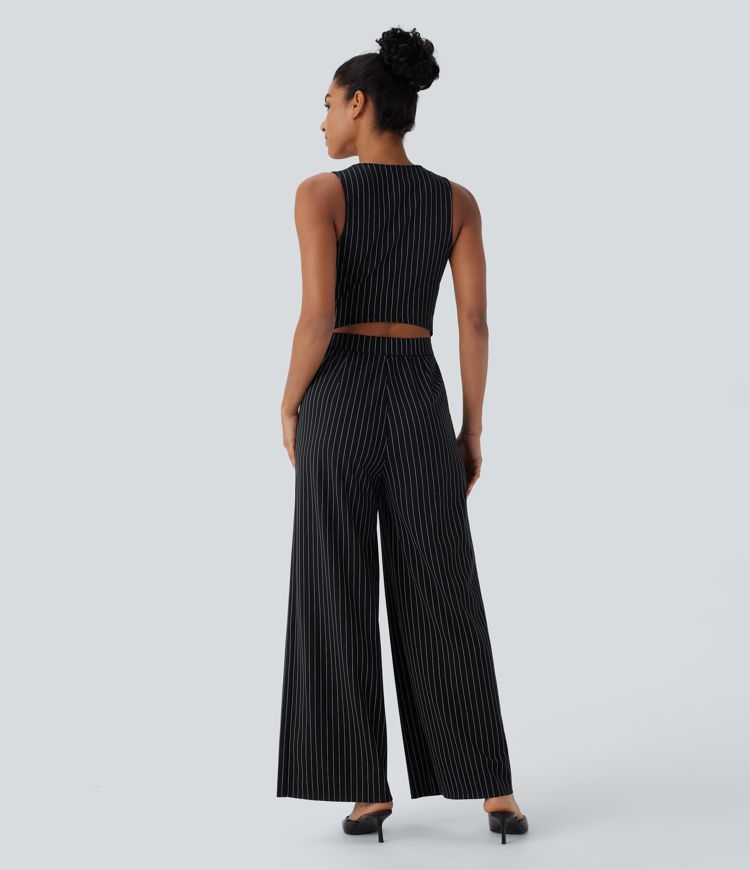 V Neck Sleeveless Cut Out Front Pockets Wide Leg Stripe Cool Touch Work Jumpsuit