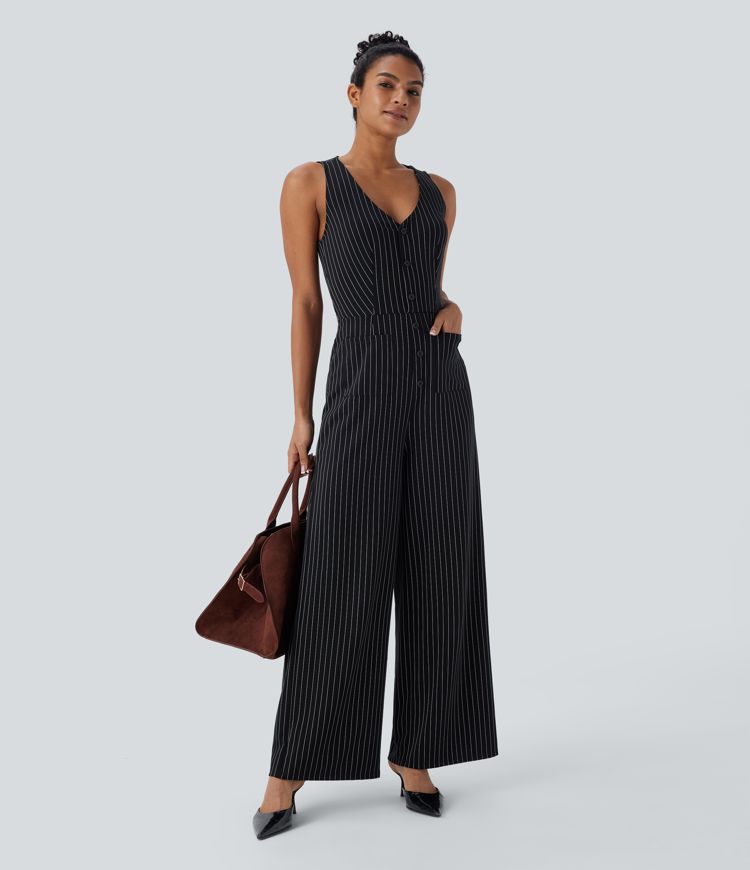 V Neck Sleeveless Cut Out Front Pockets Wide Leg Stripe Cool Touch Work Jumpsuit