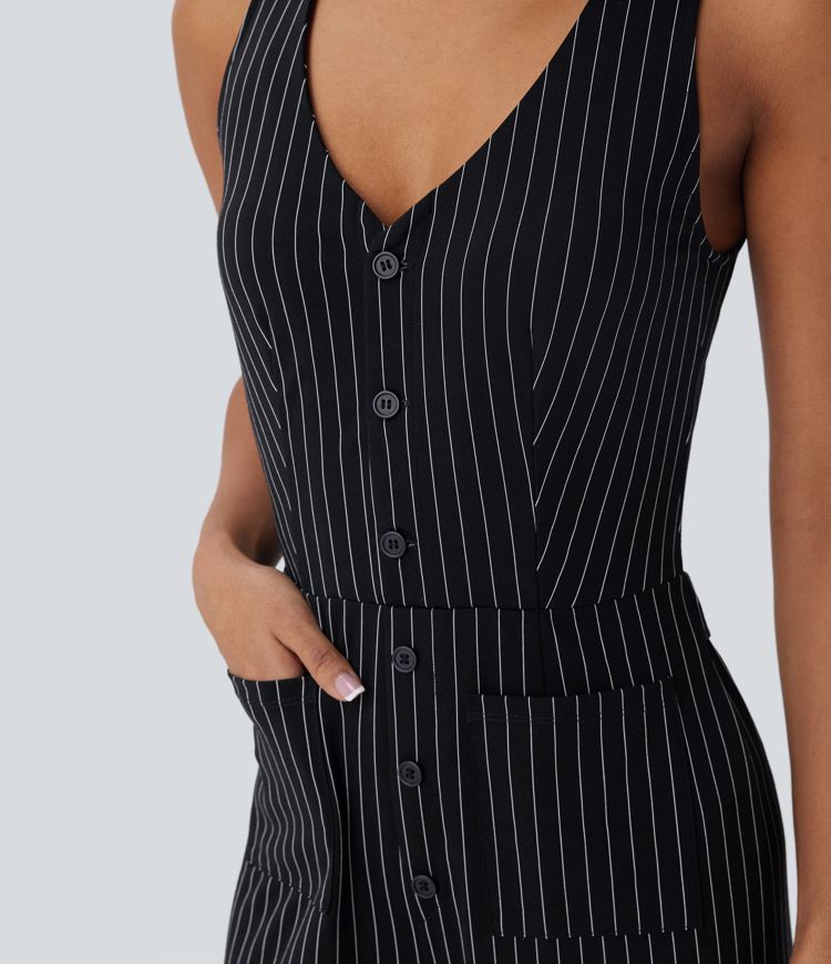 V Neck Sleeveless Cut Out Front Pockets Wide Leg Stripe Cool Touch Work Jumpsuit