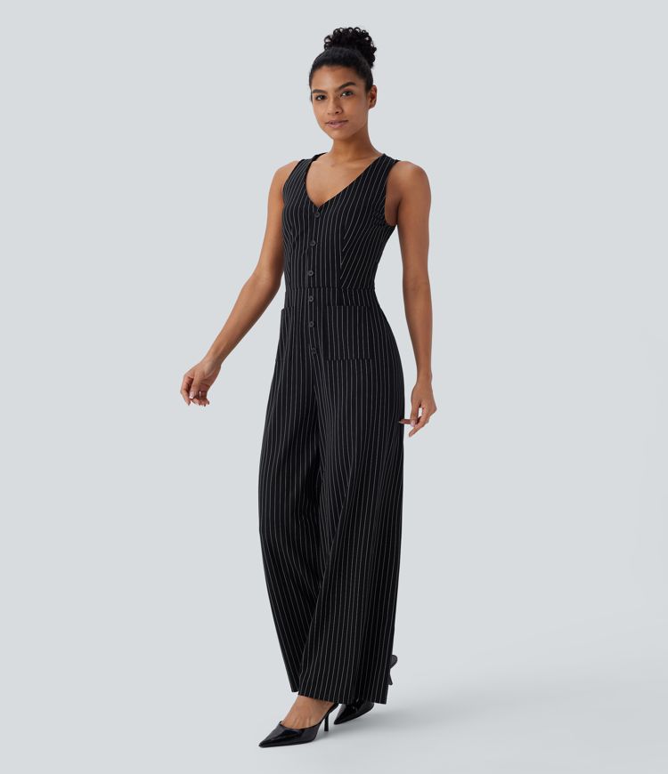 V Neck Sleeveless Cut Out Front Pockets Wide Leg Stripe Cool Touch Work Jumpsuit