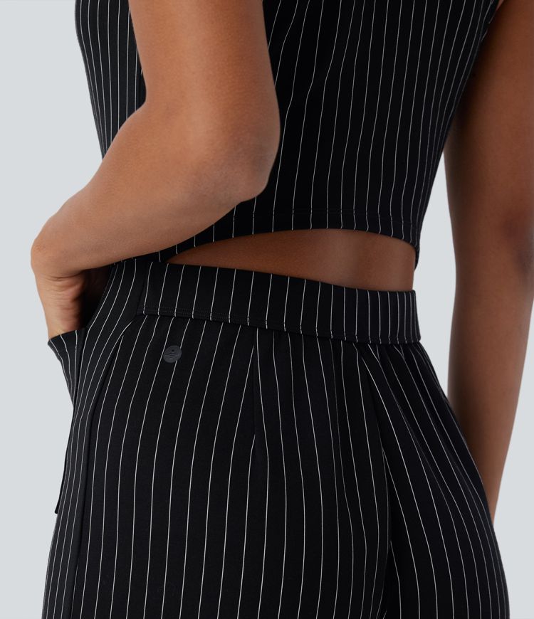 V Neck Sleeveless Cut Out Front Pockets Wide Leg Stripe Cool Touch Work Jumpsuit