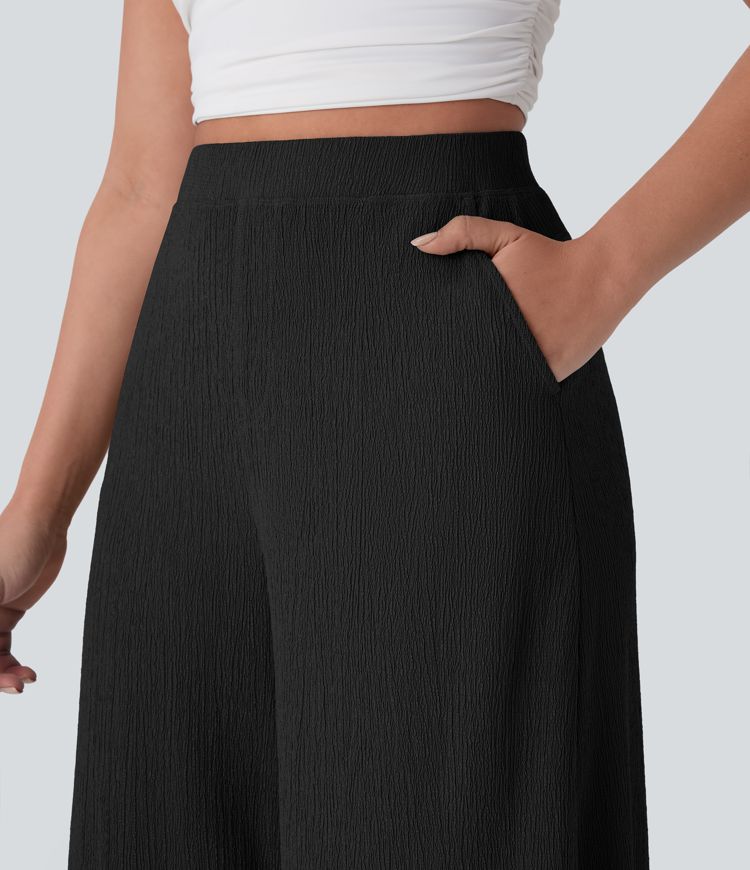 High Waisted Pocket Wide Leg Flowy Casual Pants