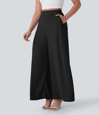 High Waisted Pocket Wide Leg Flowy Casual Pants