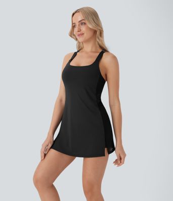 Vestido Softlyzero™ QuickDry deportivo yoga conjunto 2 piezas micro perforación bolsillo lateral tirante ajustable entrecruzado secado rápido