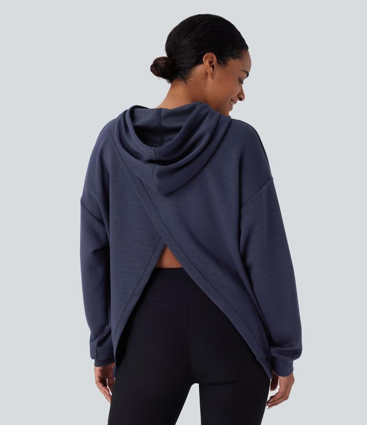 Hooded Drawstring Long Sleeve Kangaroo Pocket Crossover Casual Sweatshirt
