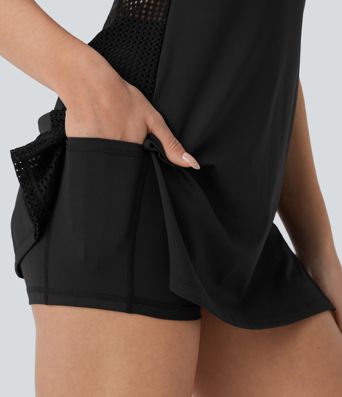 Vestido Softlyzero™ QuickDry deportivo yoga conjunto 2 piezas micro perforación bolsillo lateral tirante ajustable entrecruzado secado rápido