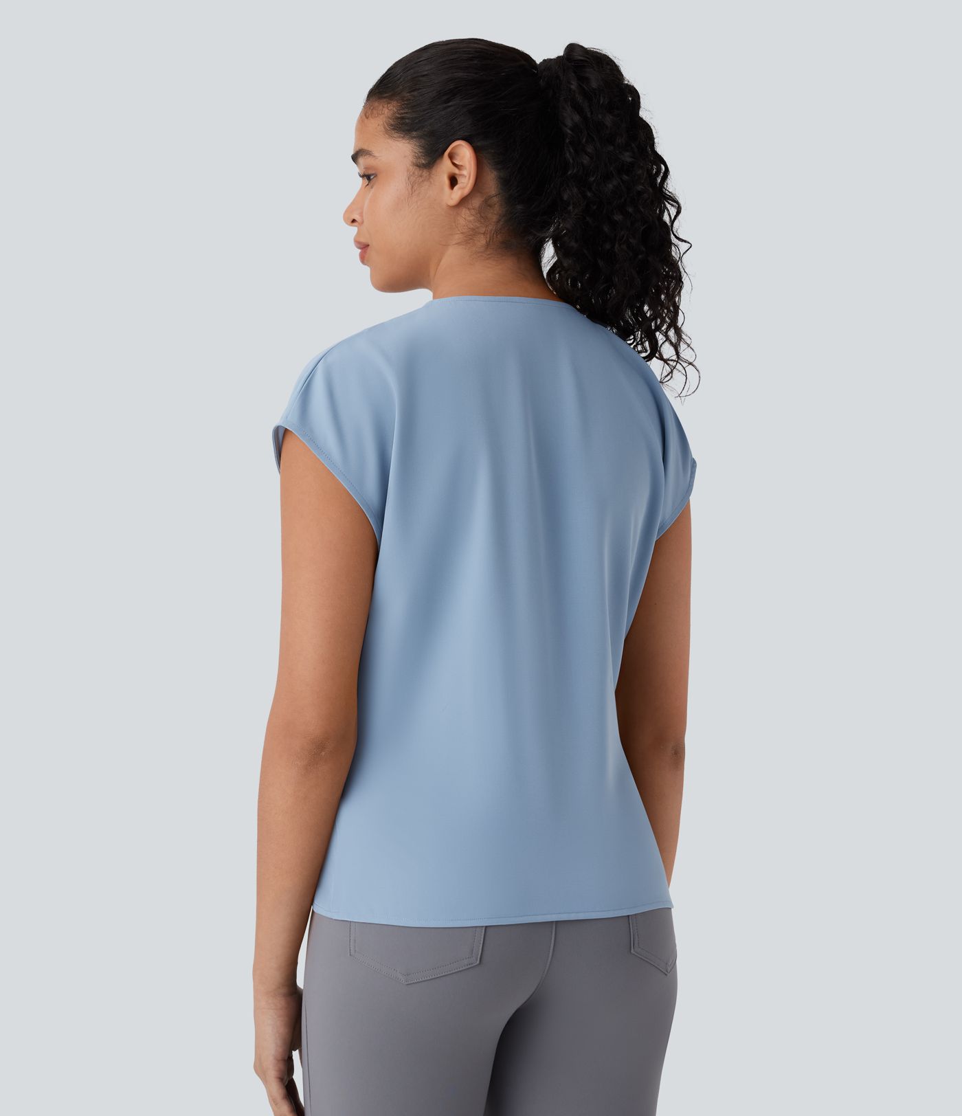 V Neck Short Sleeve Wrapped Ruched Work Blouse