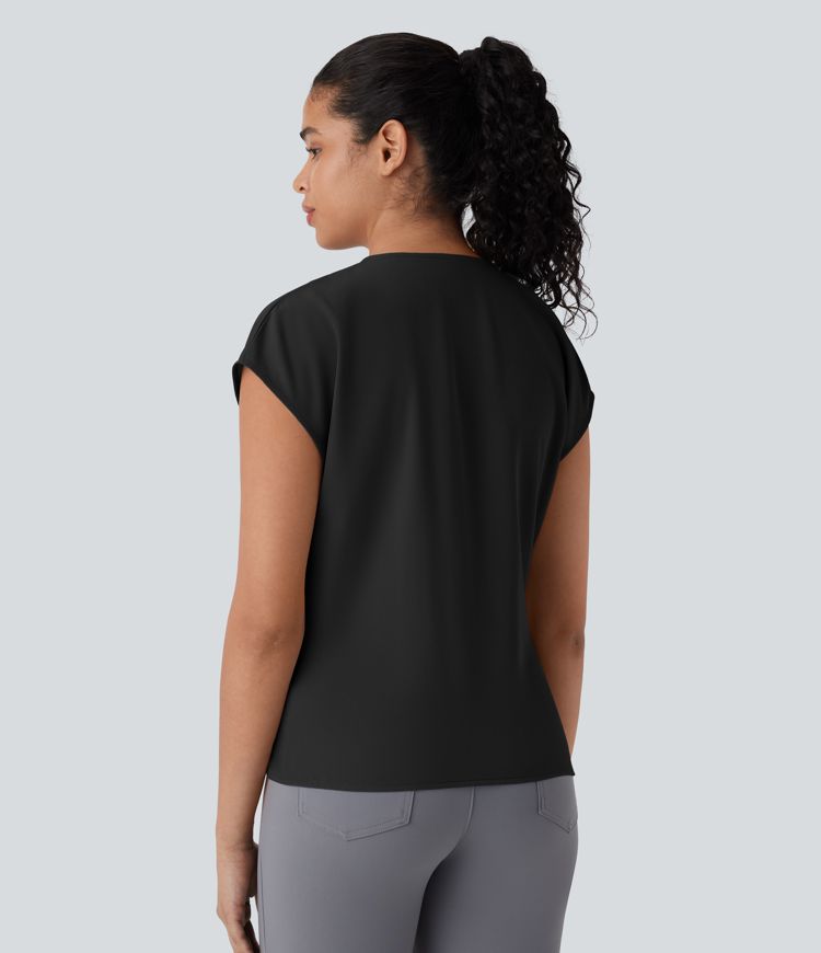 V Neck Short Sleeve Wrapped Ruched Work Blouse