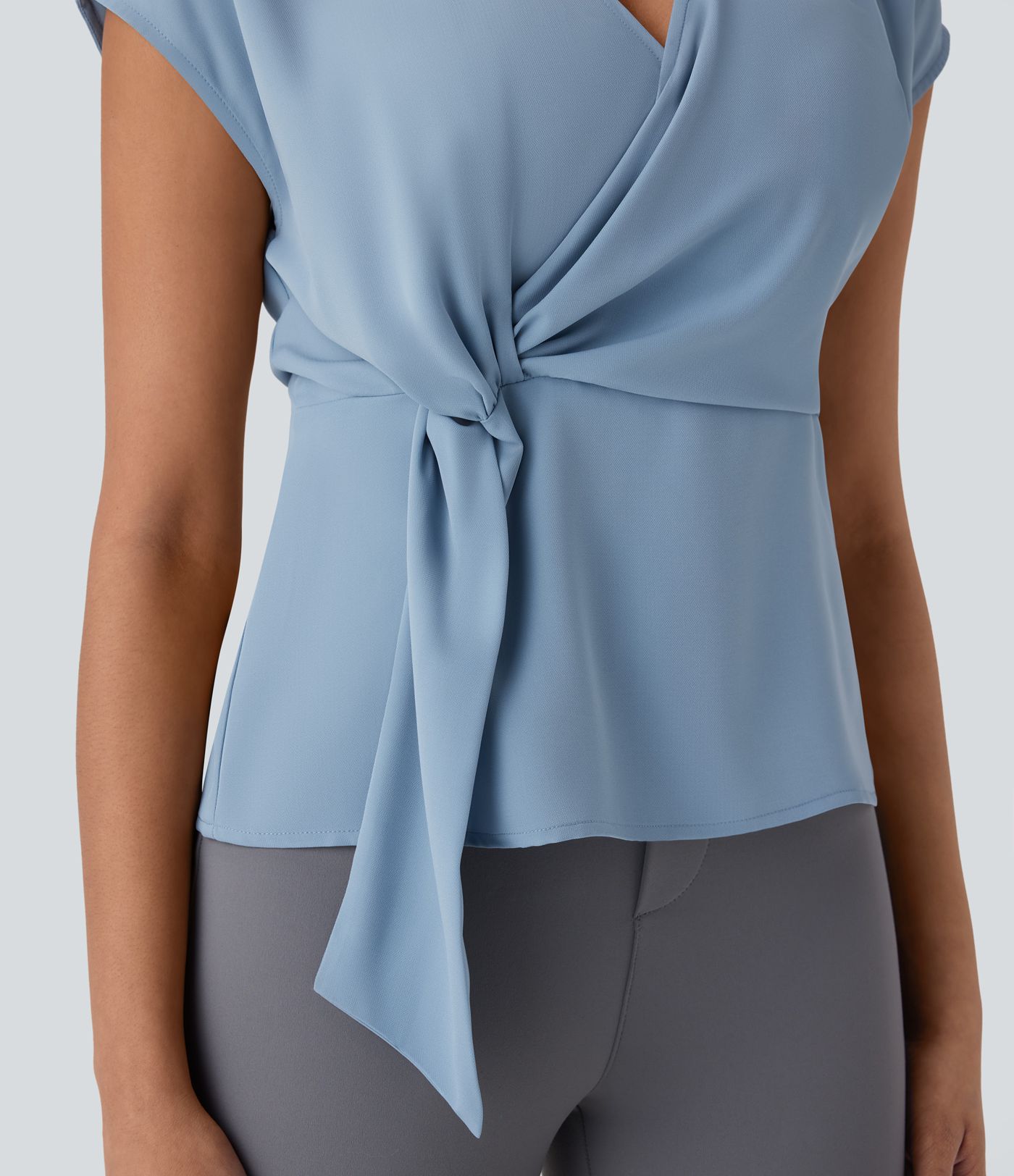 V Neck Short Sleeve Wrapped Ruched Work Blouse